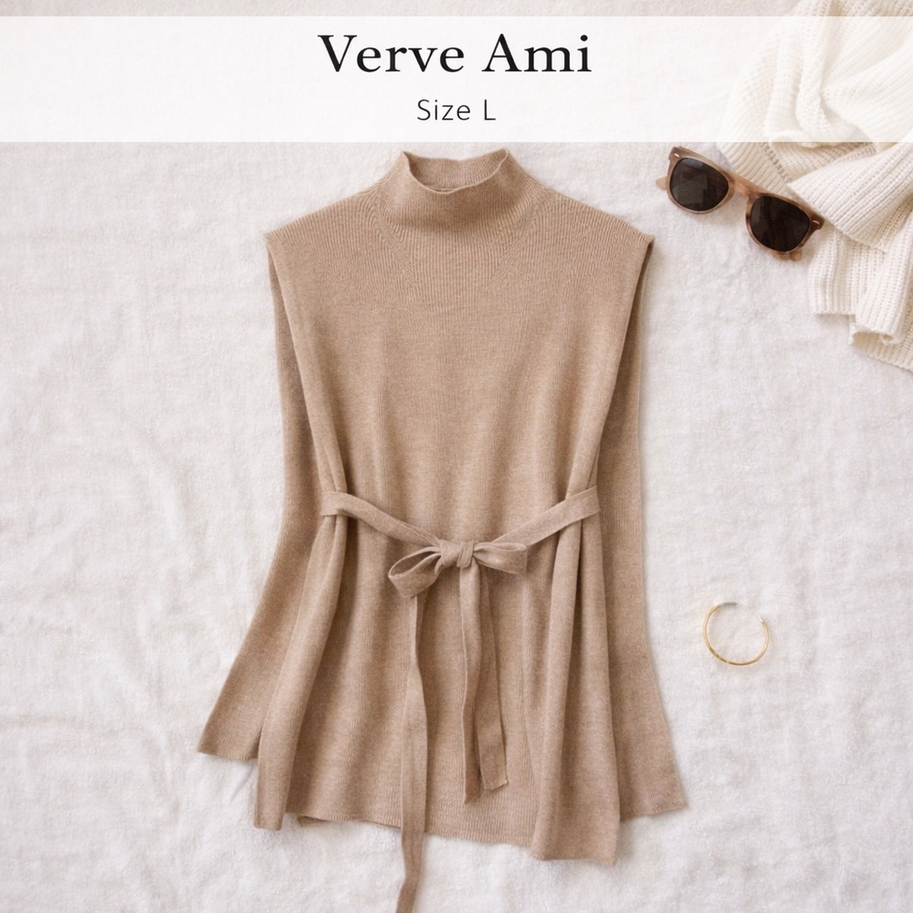 Verve Ami Tan Ribbed Knit Belted Cape Vest Open Side Poncho Size